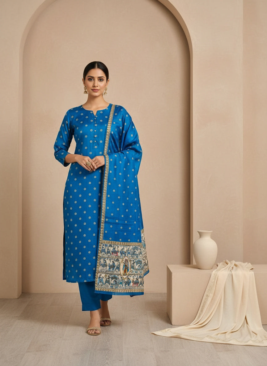 Striped V-Neck Kurta & Trousers With Dupatta