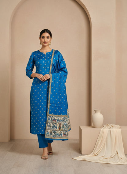 Striped V-Neck Kurta & Trousers With Dupatta