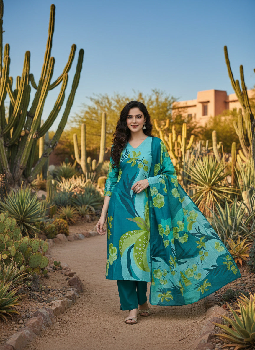 Printed V-Neck Kurta & Trousers Kurta Set