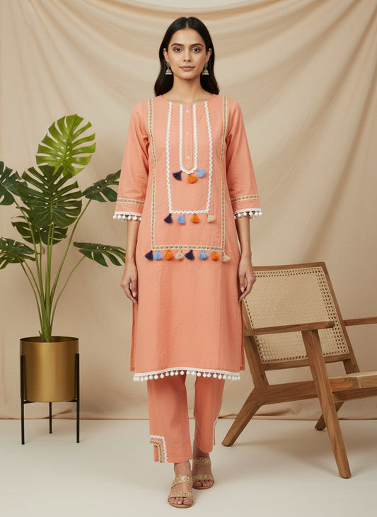 Striped Peach Cotton Co-Ord Set with Zig-Zag Lace Pom-Pom Hem & Tassel Detailing