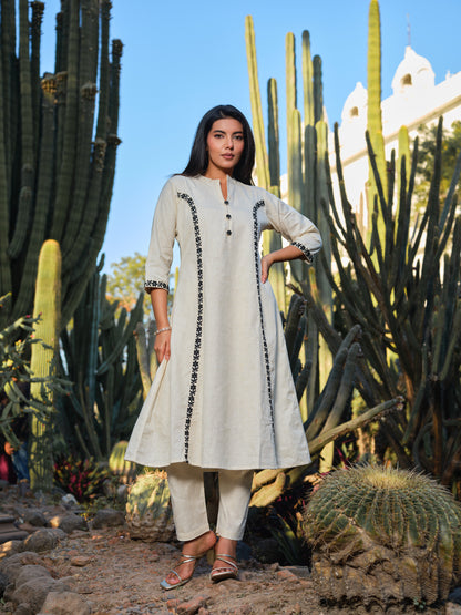 Embroidered Pure Cotton Mandarin Collar A-Line Kurta & Trousers