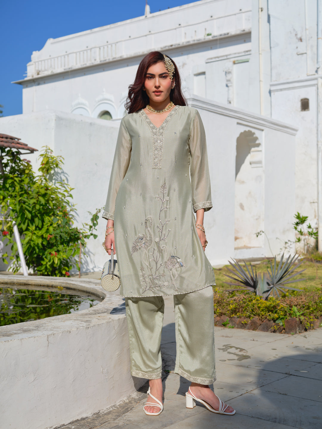 Embroidered V-Neck Kurta & Trousers Kurta Sets