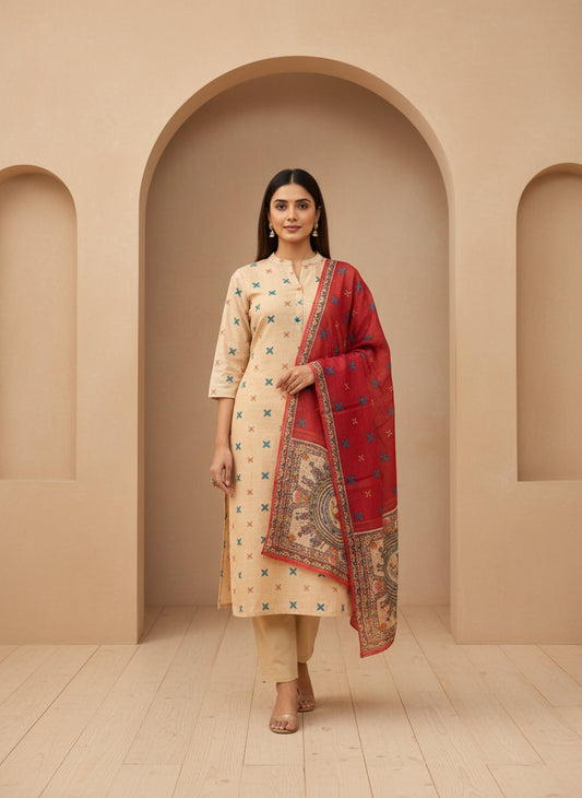 Printed Silk Blend Mandarin Collar Kurta & Trousers With Dupatta