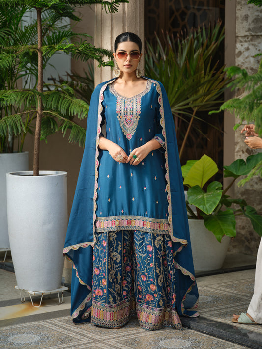 Women Ethnic Motifs Embroidered Kurta with Sharara & Dupatta