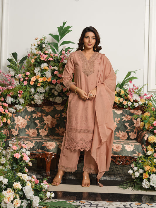 Brown Embroidered Cotton Blend V-Neck Kurta Set with Dupatta