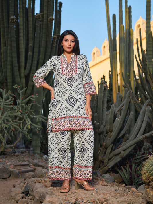 Printed Mandarin Collar Top & Palazzos Co-Ords