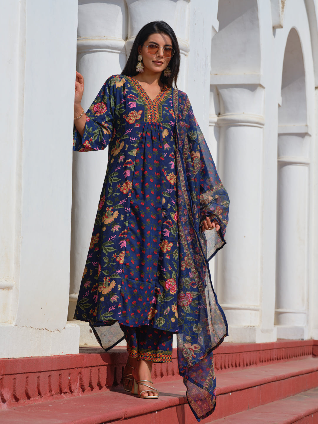 Printed V-Neck Kurta & Trousers With Dupatta