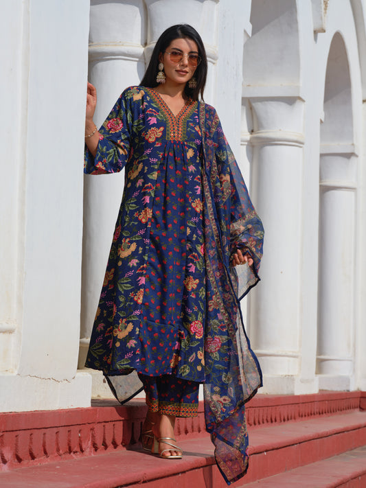 Printed V-Neck Kurta & Trousers With Dupatta