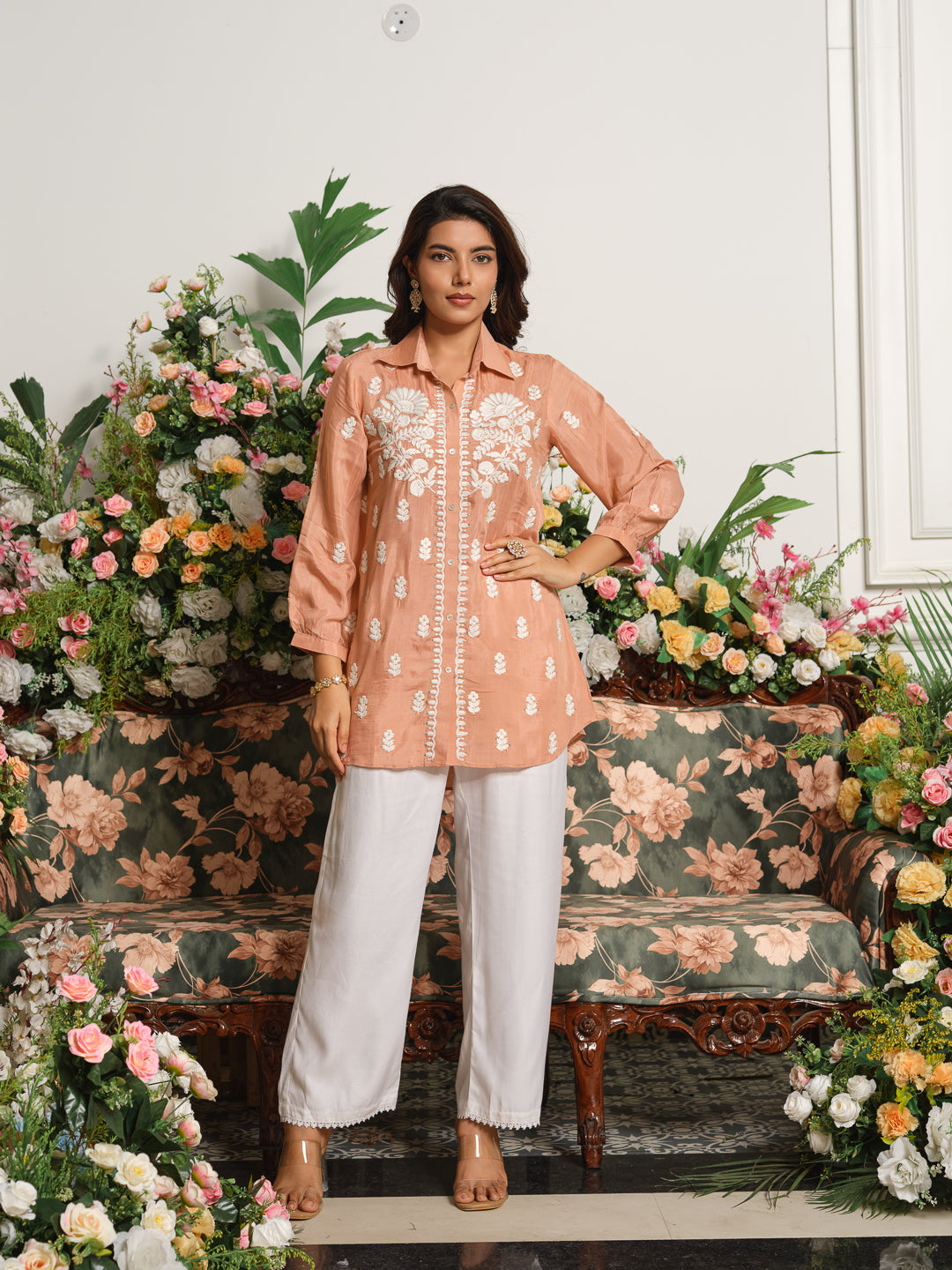 Embroidered Shirt Collar Kurta with Three-Quarter Sleeves
