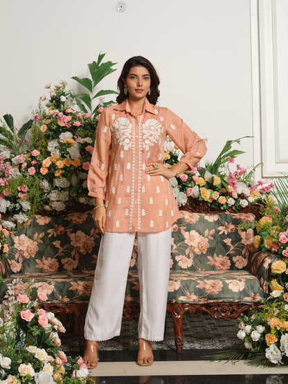 Embroidered Shirt Collar Kurta with Three-Quarter Sleeves