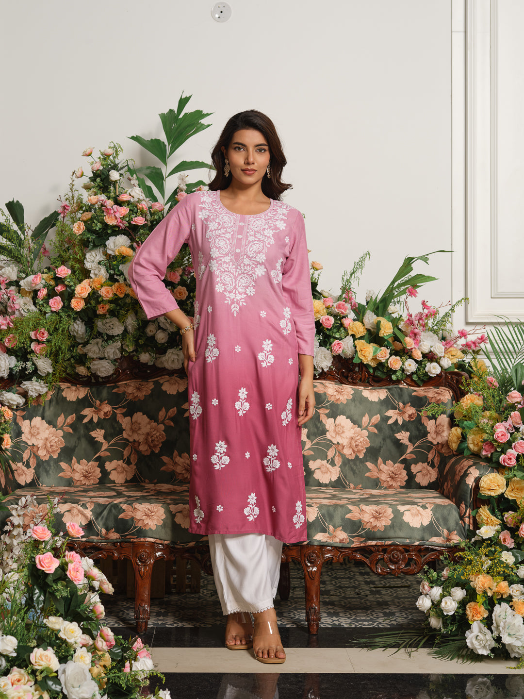 Yoke Design Round Neck Calf Length Straight Kurta