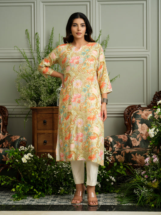Beige Floral Rayon Kurta with Delicate Handwork