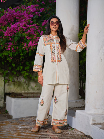 Embroidered Shirt Collar Top & Trousers Co-Ords Set