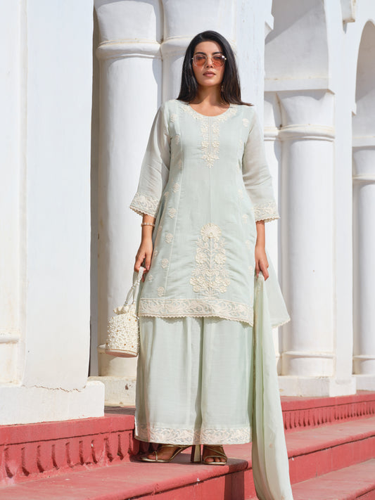 Women Pistachio Green Embroidered Mul Chanderi Kurta Sharara Set with Dupatta