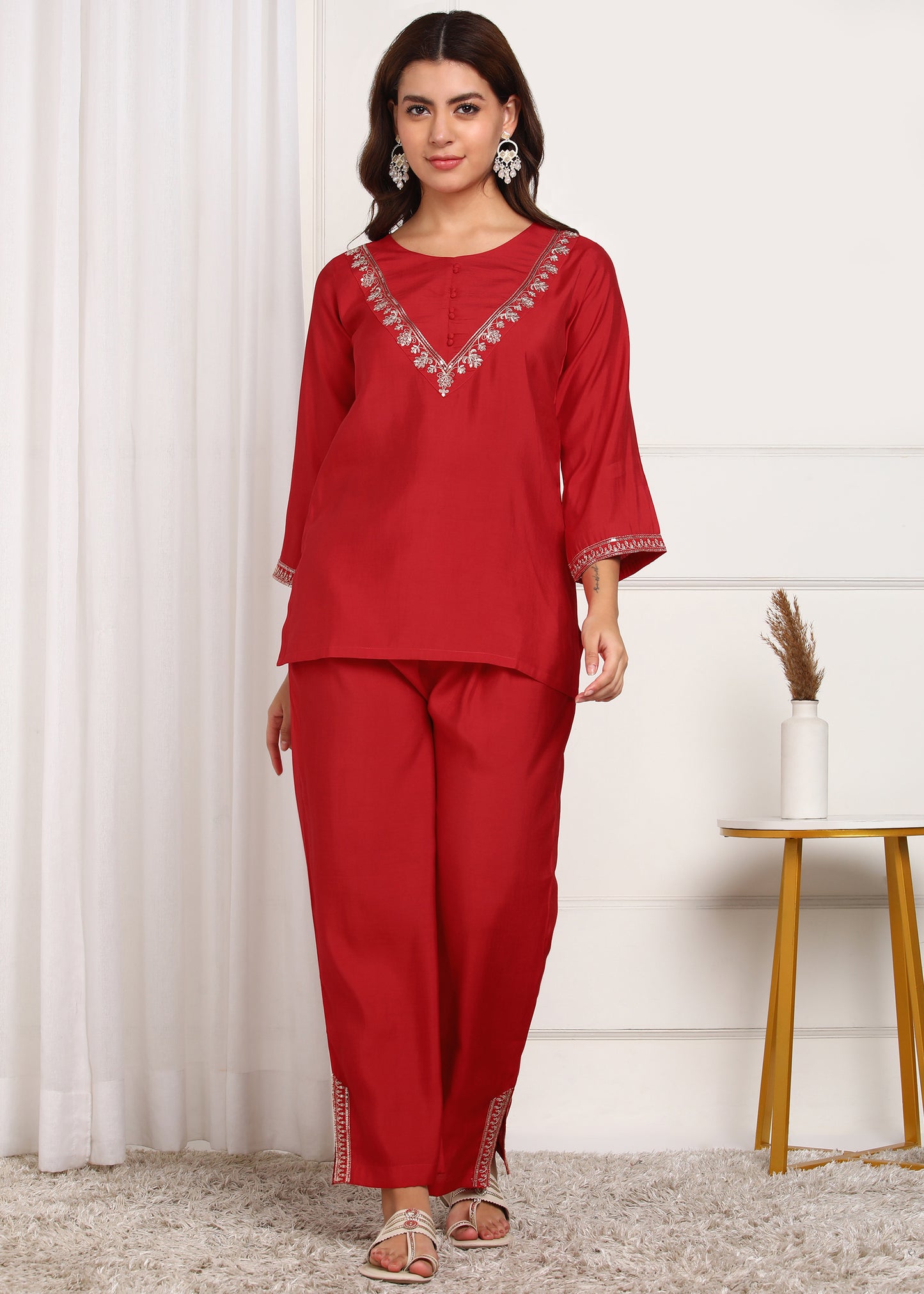 Elegant Red Embroidered Co-ord Set with Bell Sleeves