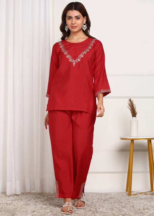 Elegant Red Embroidered Co-ord Set with Bell Sleeves