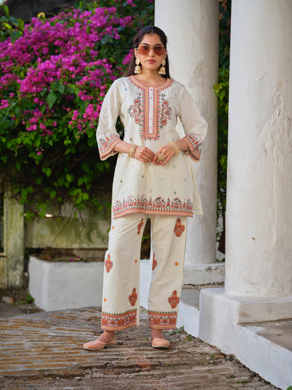 Embroidered Round Neck Top & Trousers Co-Ords Set