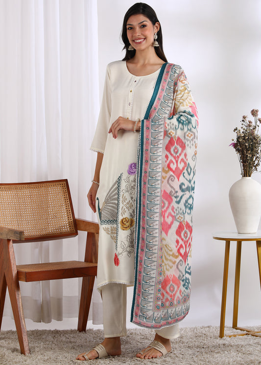 Off-White Rayon Embroidered Kurta Set with Mirror Work & Printed Muslin Dupatta