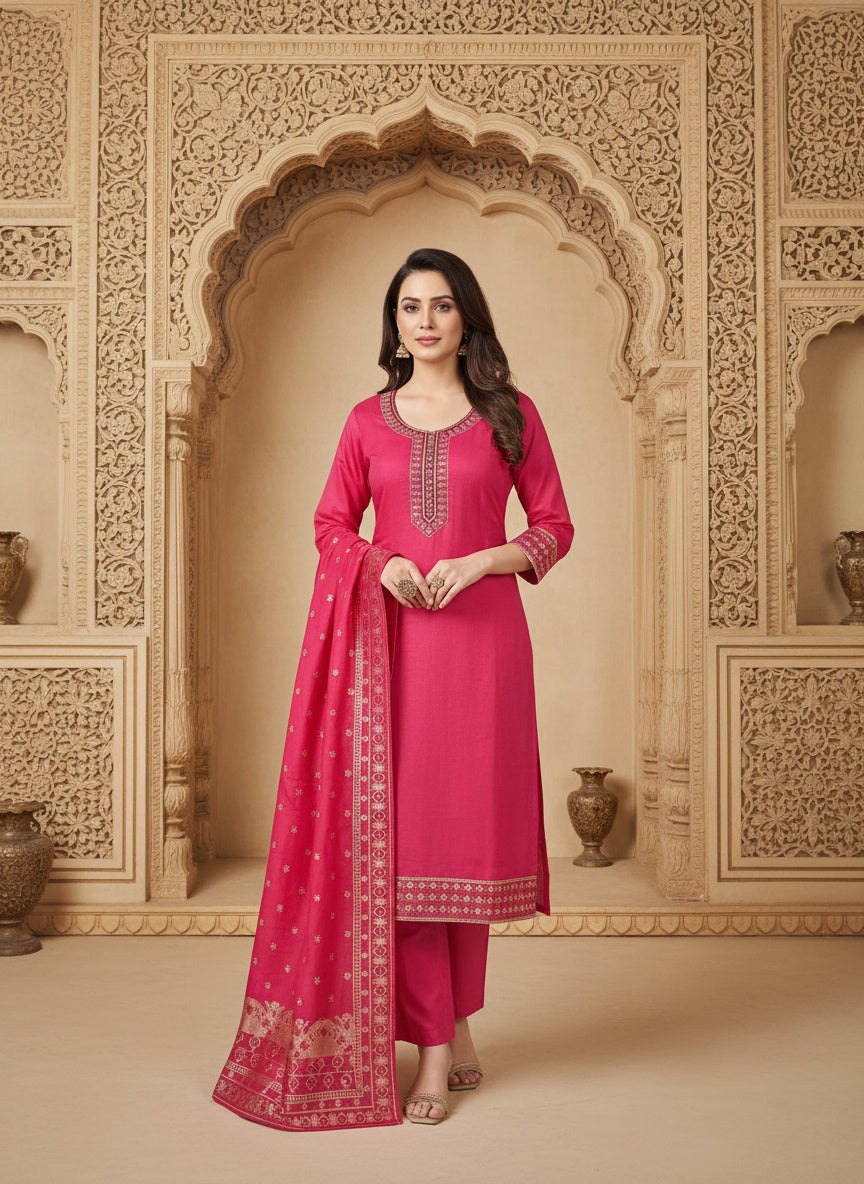 Embroidered Cotton Round Neck Straight Kurta & Trousers With Dupatta