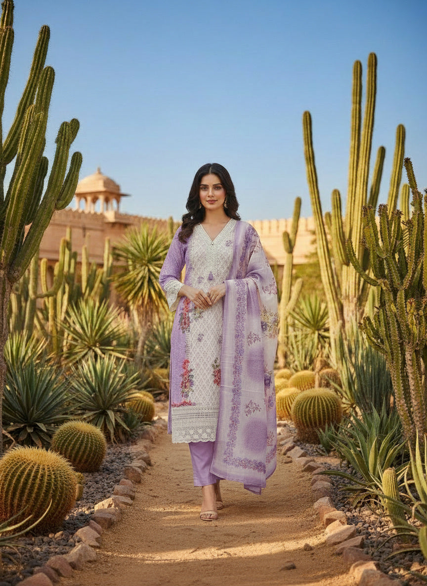 Printed Tissue V-Neck Kurta Trousers & Dupatta