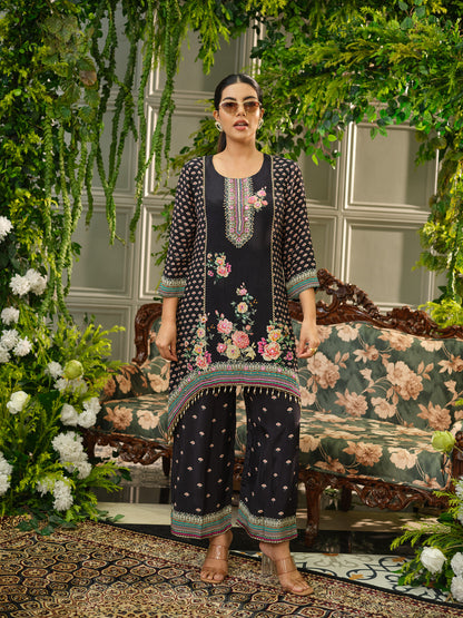 Black Digital Print Co-ord Set with Handwork