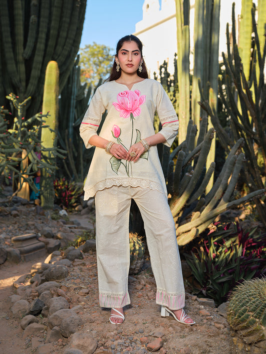 Hand-Painted Pink Lotus Cotton Kurta Set with Wide-Leg Pants