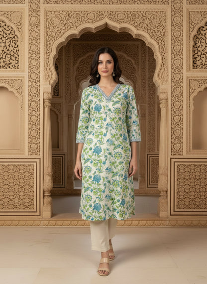 Printed Cotton V-Neck Calf Length Straight Kurta