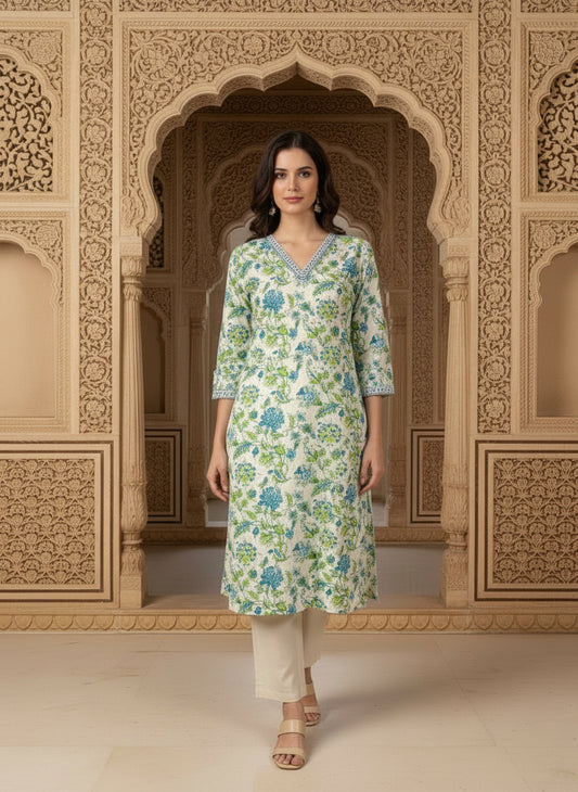 Printed Cotton V-Neck Calf Length Straight Kurta