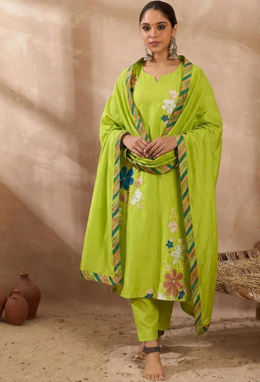 Elegant embroidered kurta set with kurta, trousers, and dupatta