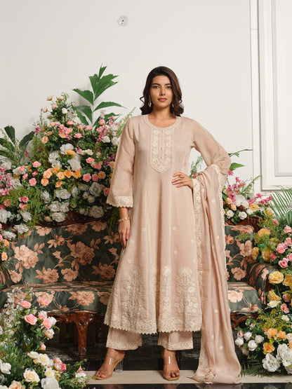 Beige Embroidered Anarkali Kurta Set with Matching Trousers and Embroidered Dupatta in Chanderi Silk Fabric