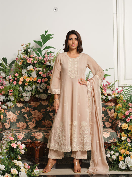 Beige Embroidered Anarkali Kurta Set with Matching Trousers and Embroidered Dupatta in Chanderi Silk Fabric