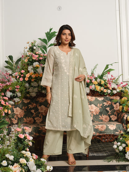 Beige & Pink Embroidered A-Line Kurta Set with Palazzos & Dupatta