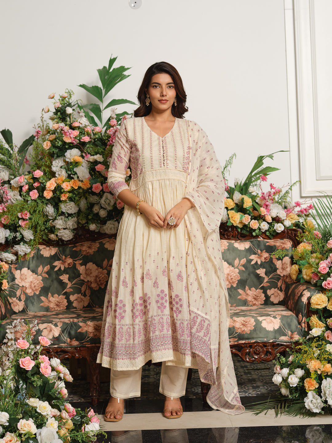 Embroidered Pure Cotton V-Neck Kurta & Trousers With Dupatta