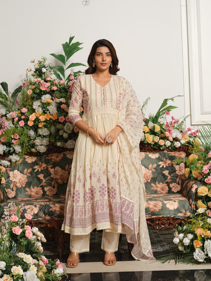 Embroidered Pure Cotton V-Neck Kurta & Trousers With Dupatta
