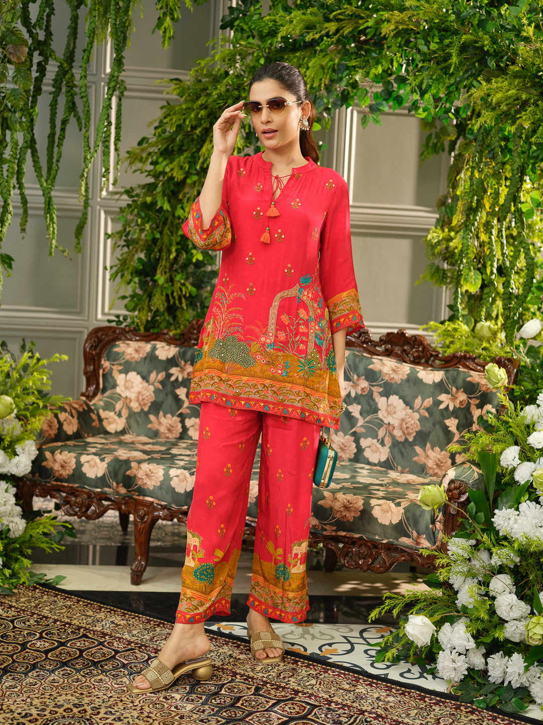 Red Digital Print Co-ord Set with Heavy Handwork