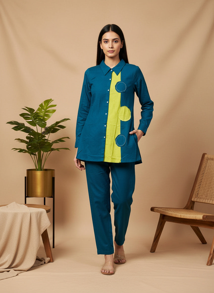 Colorblock Cotton Shirt Co-Ord Set with Patch Work Detailing