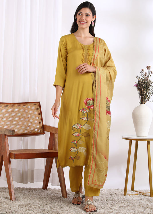 Women Mustard Rayon Embroidered Kurta Set with Printed Muslin Dupatta