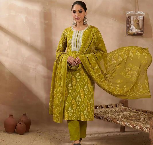 Green Embroidered A-Line Kurta Set with Round Neck, Three-Quarter Sleeves, Solid Trousers and Printed Dupatta for Women