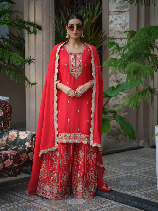 Women Ethnic Motifs Embroidered Straight Kurta & Sharara With Dupatta