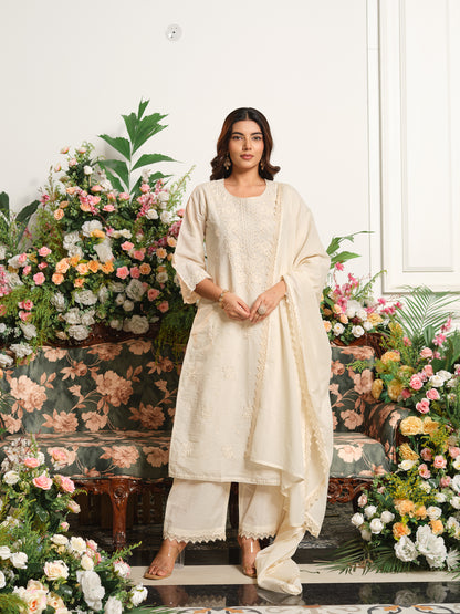 Printed Pure Cotton Kurta Set with Palazzo and Dupatta Straight Fit Long Kurta Calf Length Round Neck Slip On Casual Ethnic Wear