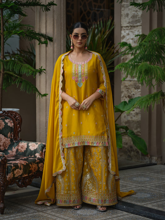 Embroidered Straight Kurta & Sharara With Dupatta