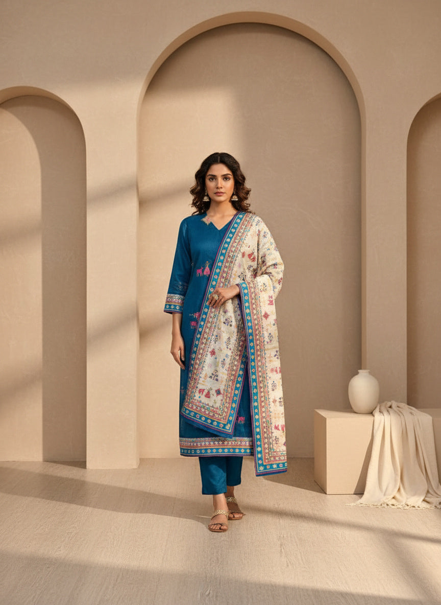 Striped V-Neck Kurta & Trousers With Dupatta