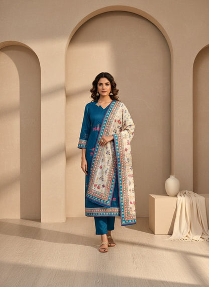 Striped V-Neck Kurta & Trousers With Dupatta