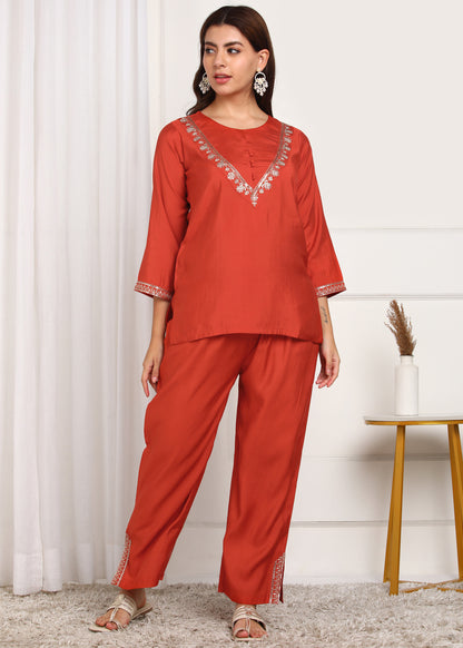 Rust Orange Embroidered Co-ord's