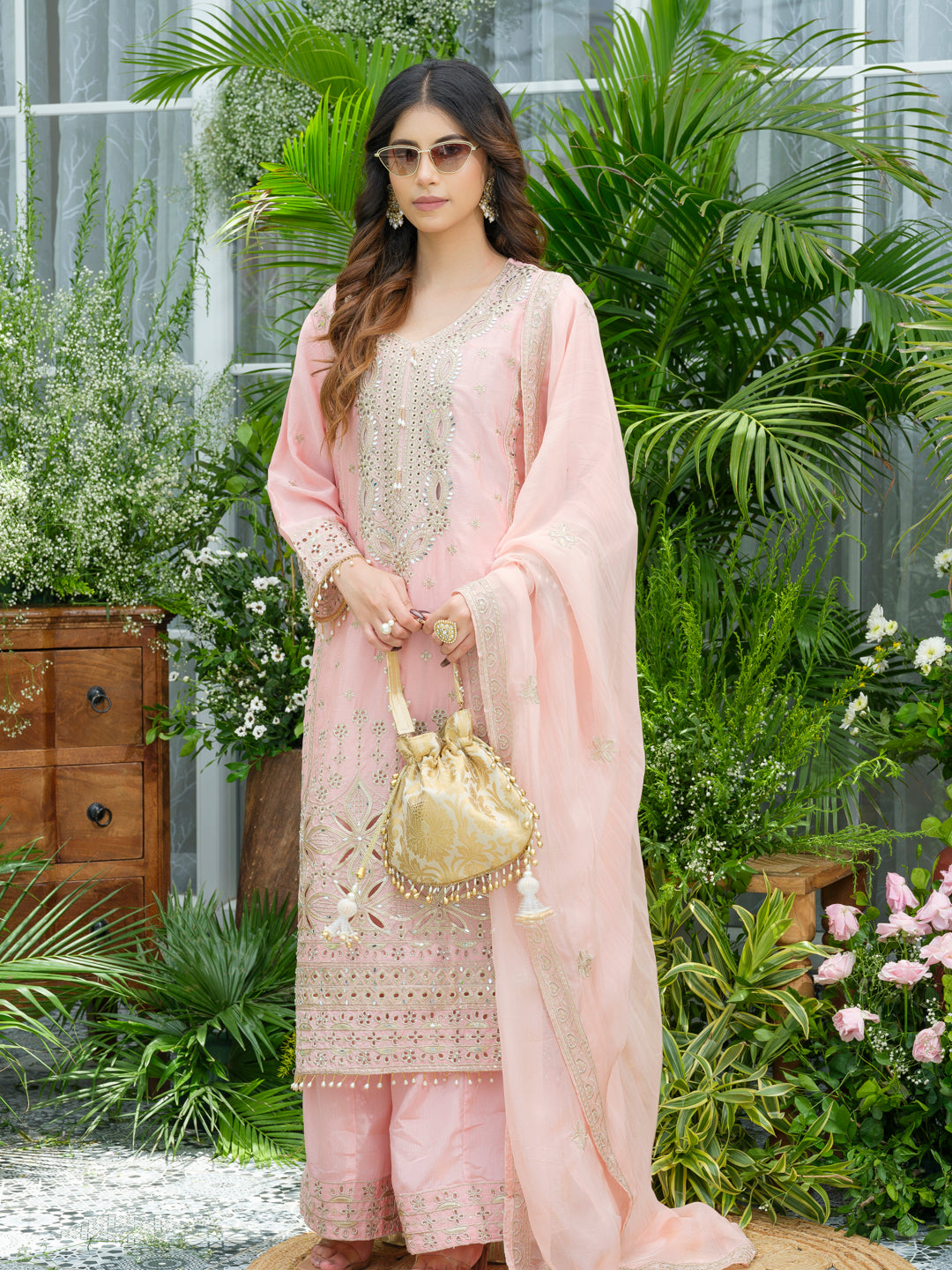 Embroidered Mirror and Cut Work Pakistani Kurta with Trouser and Dupatta Set