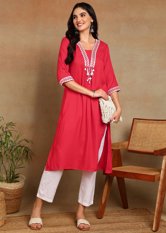 Red Rayon Slub Kurti with White Embroidered Lace Detailing