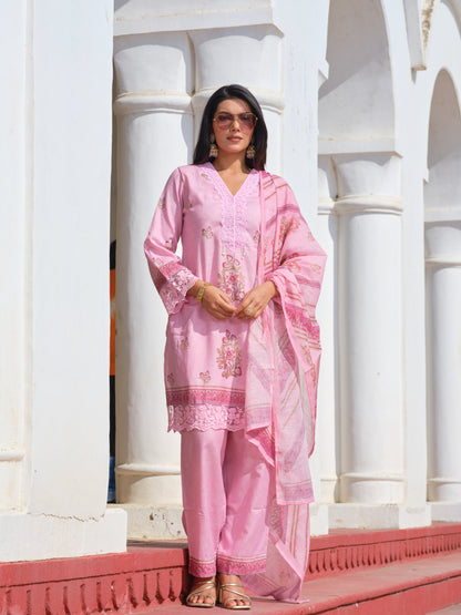 Powder Pink Linen Straight Kurta Set with Pearl Embellished Neckline