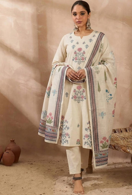 Women’s White and Blue A-Line Embroidered Kurta Set with Matching Trousers & Printed Dupatta