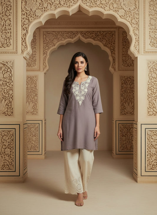 Floral Embroidered Notch Neck Straight Kurtis