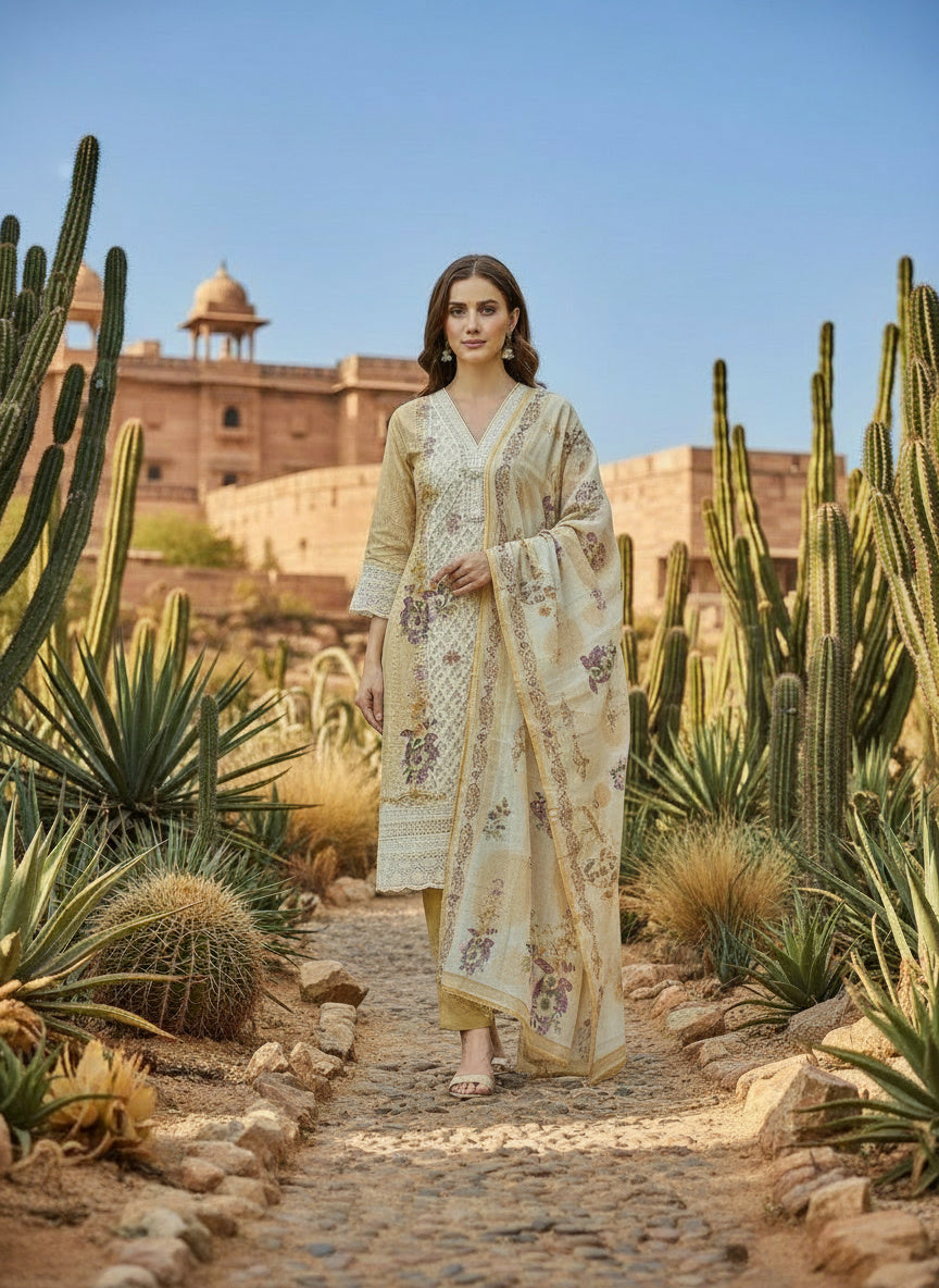 Printed Tissue V-Neck Kurta Trousers & Dupatta